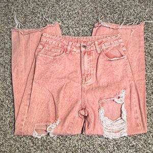 SHEIN Pink Distressed Straight Leg Jeans
